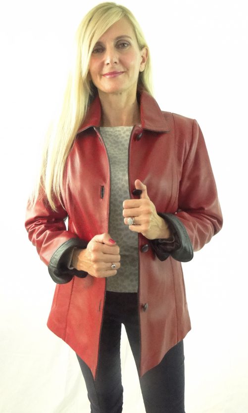 Short Ladies Leather Jacket with Colour Contrast