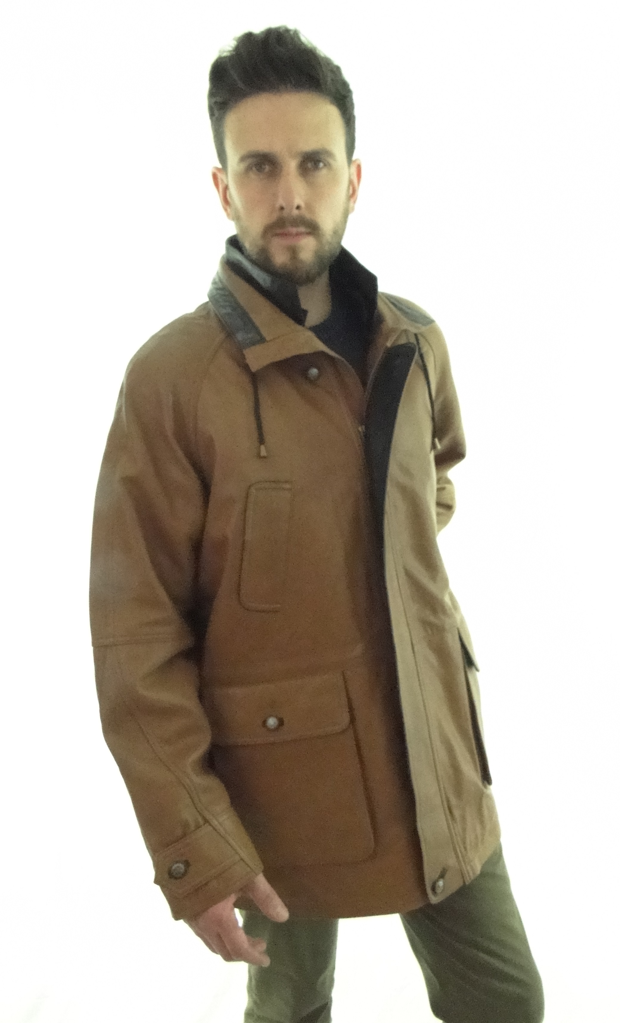 Men's Tan Contrast Leather Parka Coat - Radford Leathers