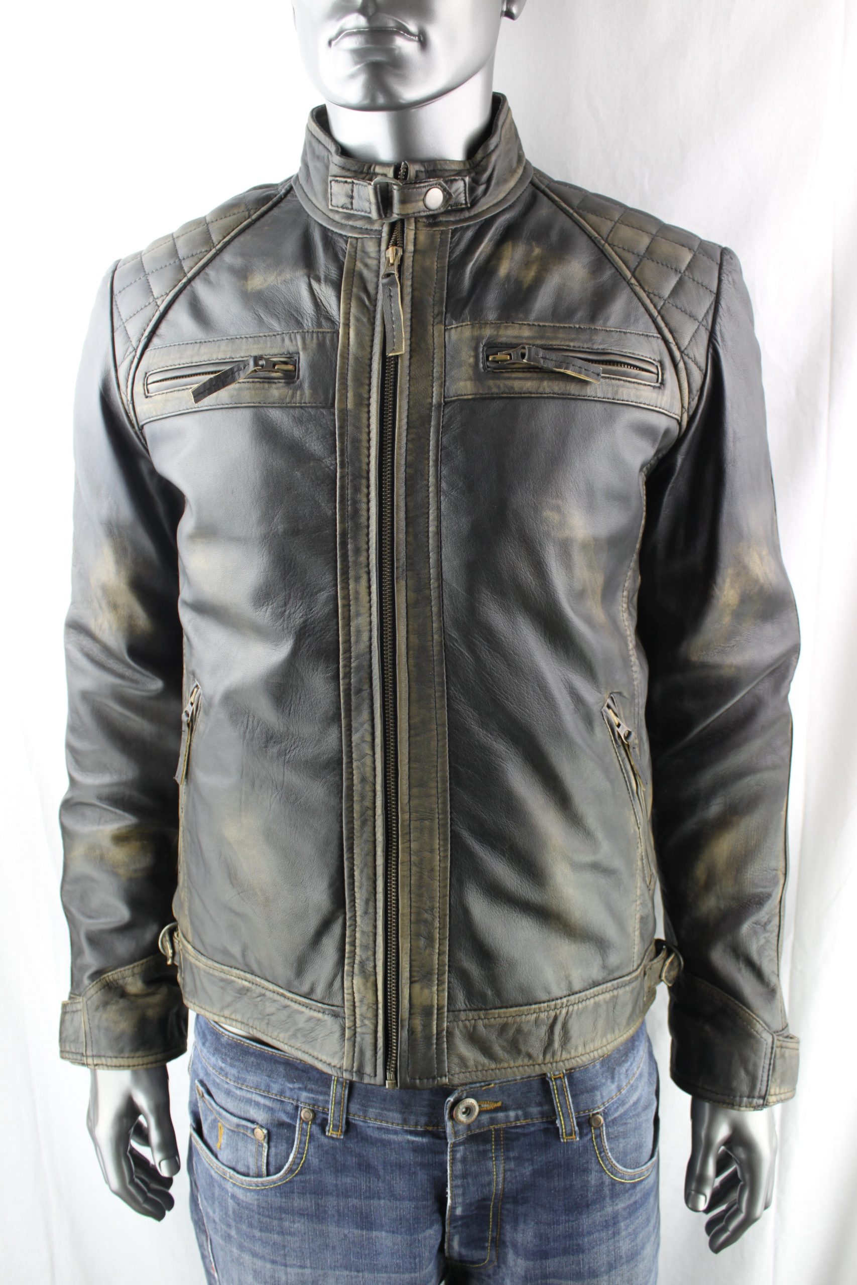 Men’s Vintage Leather Biker Jacket in Black Rub Off – Radford Leather